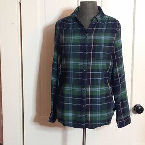 Casa Cabana Women’s Green Navy Blue Plaid Soft Cabincore Flannel Shirt, Cozycore